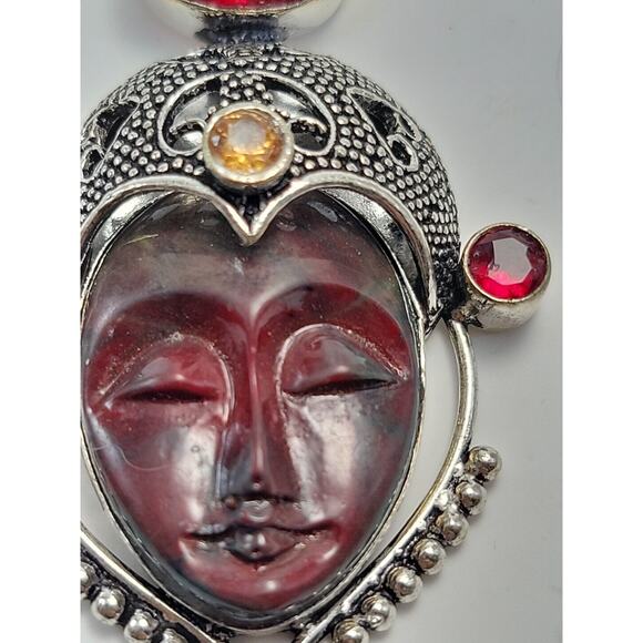 Sterling Silver Bali Goddess Pendant Necklace with Garnet Stones, Red - Picture 4 of 8